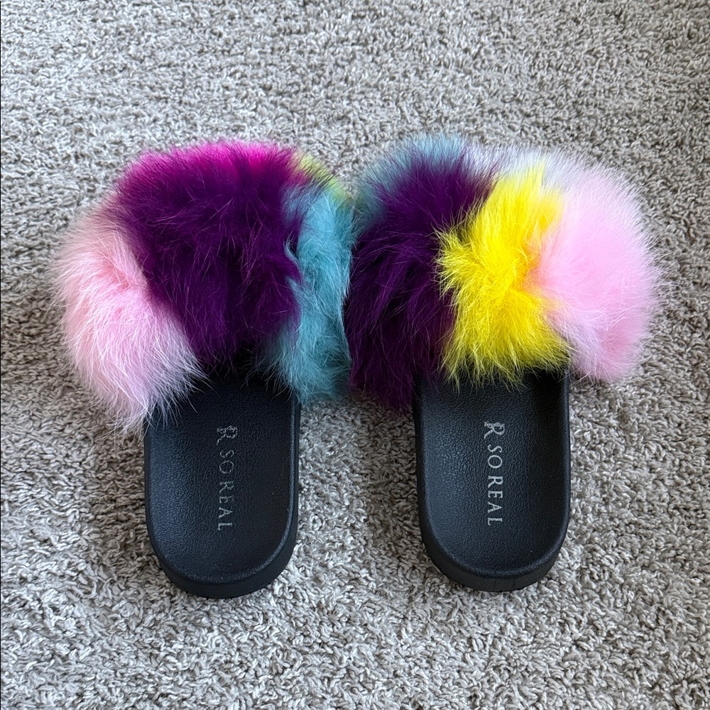 Colorful Fox Fur Slide Slippers - Multi - Picture 3 of 3